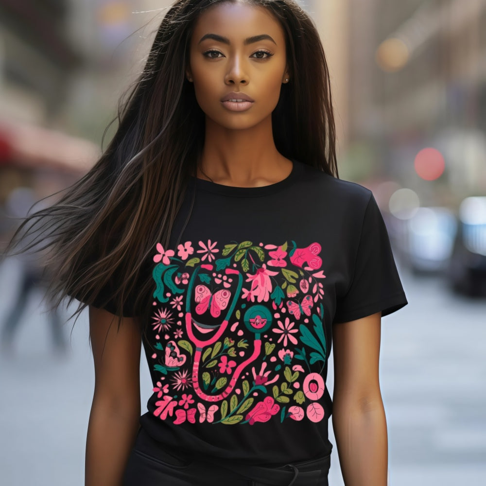Retro Floral Pink Nurse Shirt – Boho Aesthetic Tee