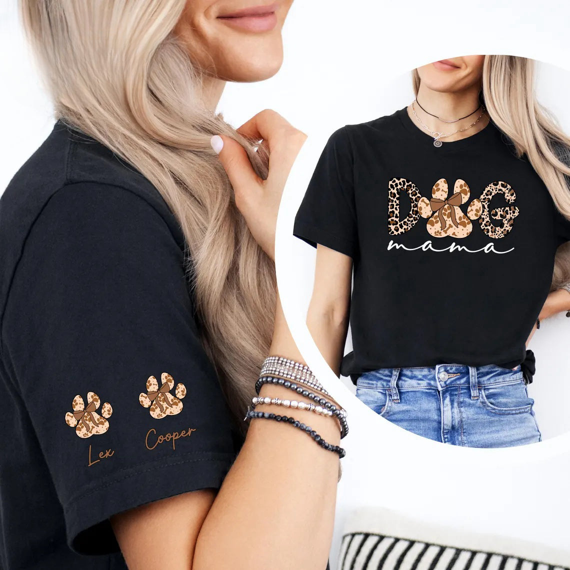 Custom Dog Mama Leopard Sleeve Shirt | Personalized Dog Lover Tee