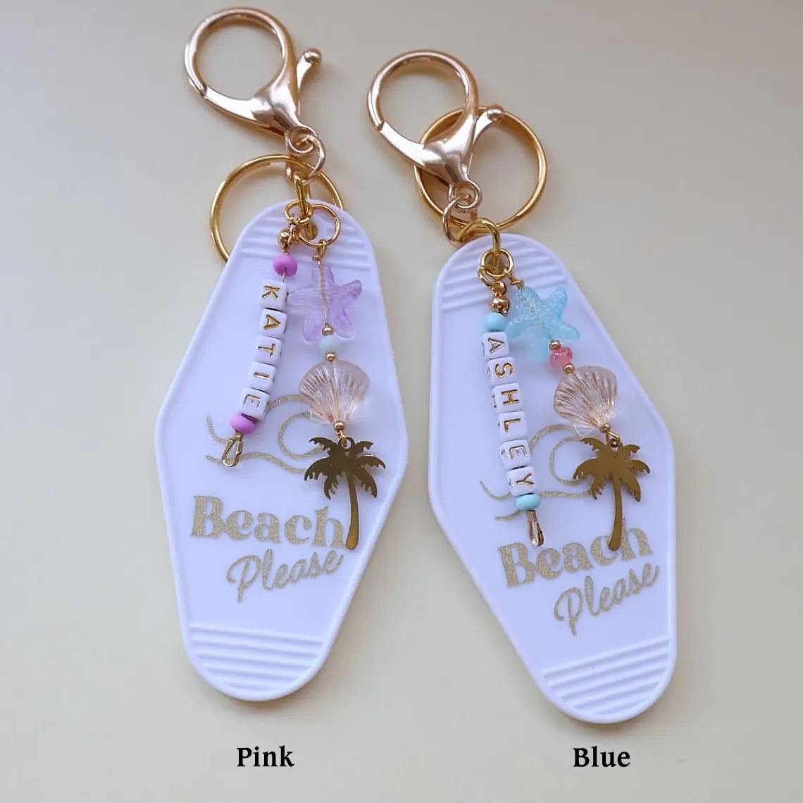 Custom Beach Motel Keychain – Seashell & Palm Tree Charm Gift