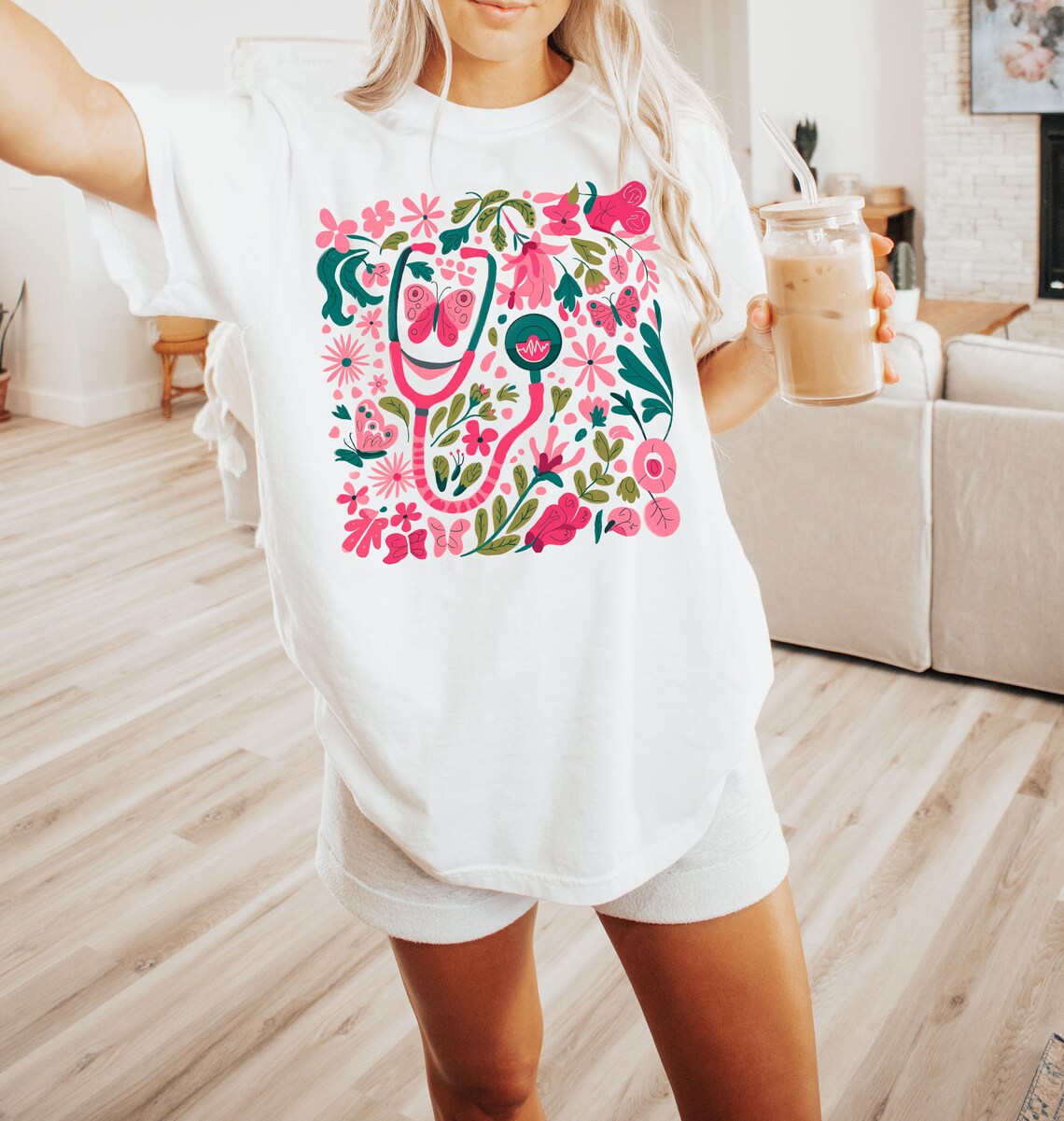 Retro Floral Pink Nurse Shirt – Boho Aesthetic Tee