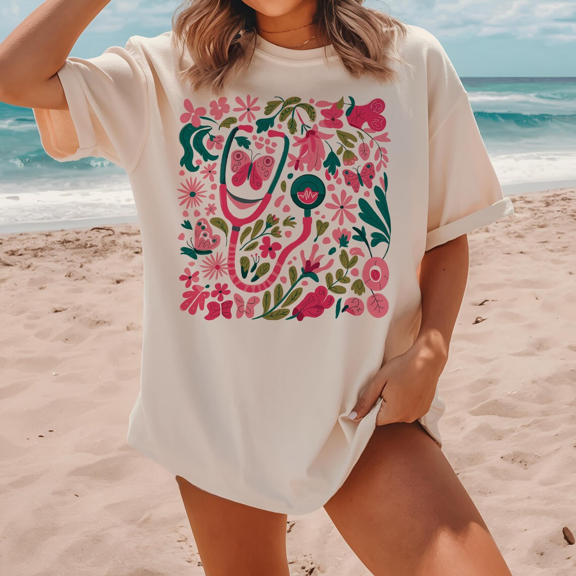 Retro Floral Pink Nurse Shirt – Boho Aesthetic Tee