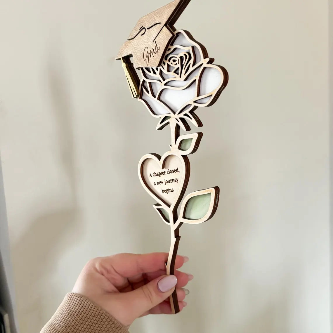 Graduation Heart Flower Gift – Wooden Rose with Grad Cap & Quote