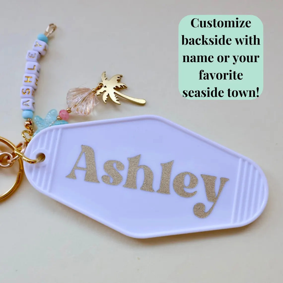 Custom Beach Motel Keychain – Seashell & Palm Tree Charm Gift
