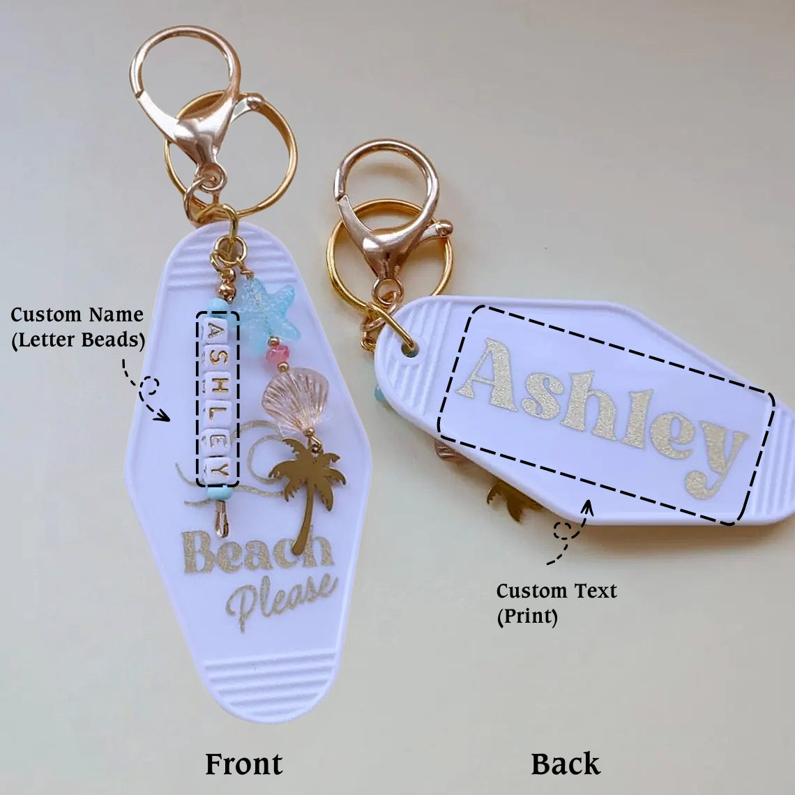 Custom Beach Motel Keychain – Seashell & Palm Tree Charm Gift