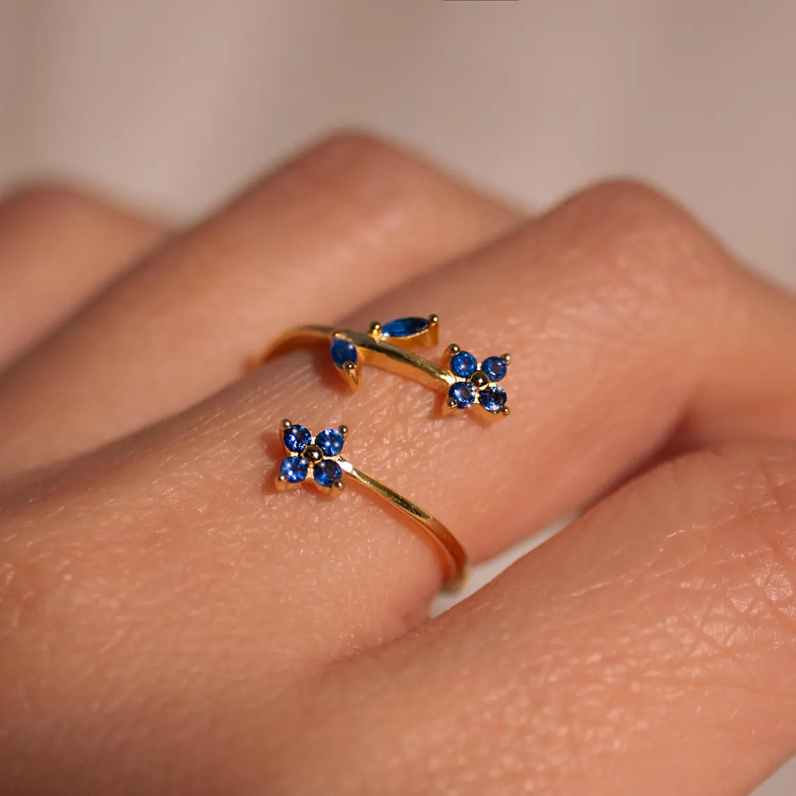 Something Blue Sapphire Flower Ring – Adjustable 925 Sterling Silver