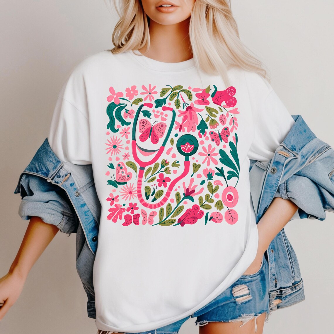Retro Floral Pink Nurse Shirt – Boho Aesthetic Tee