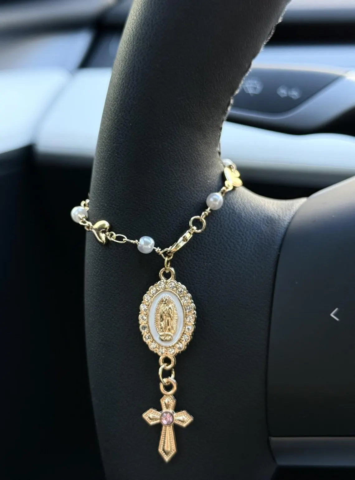 Heart Steering Wheel Rosary Charm - Custom Car Accessory