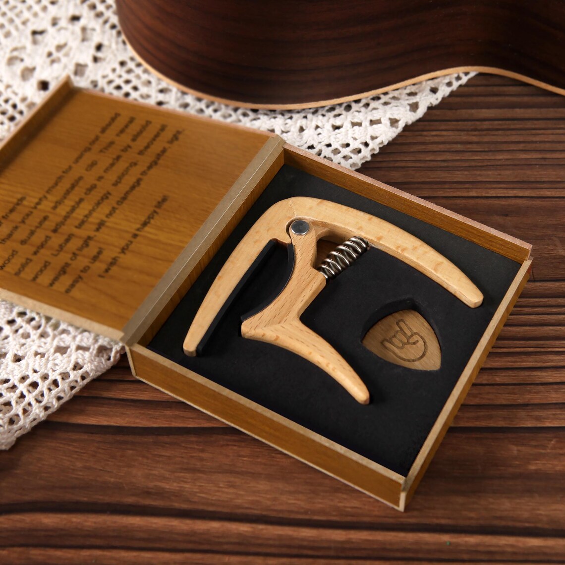 Custom Beechwood Guitar Capo & Pick Gift Set with Engraving