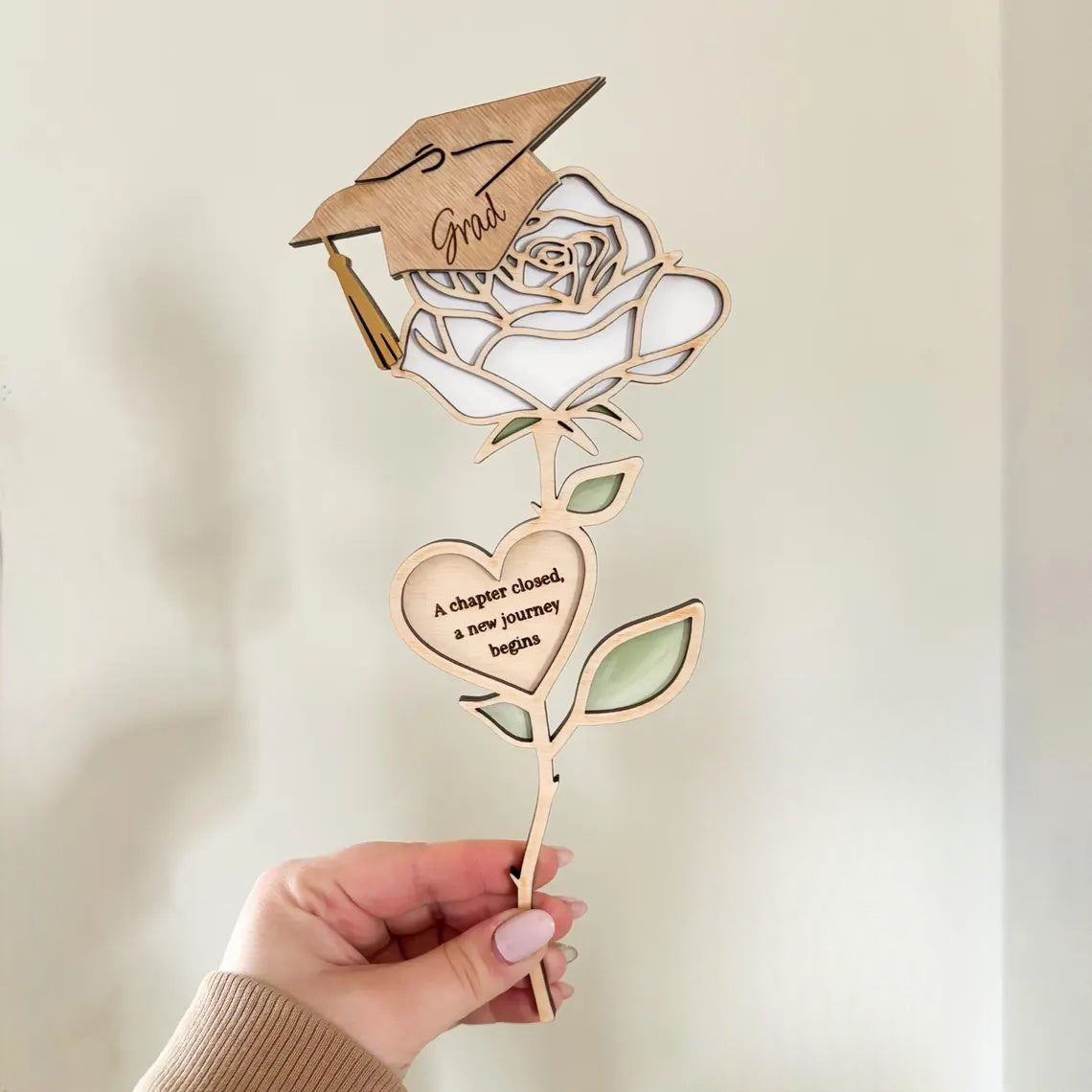 Graduation Heart Flower Gift – Wooden Rose with Grad Cap & Quote