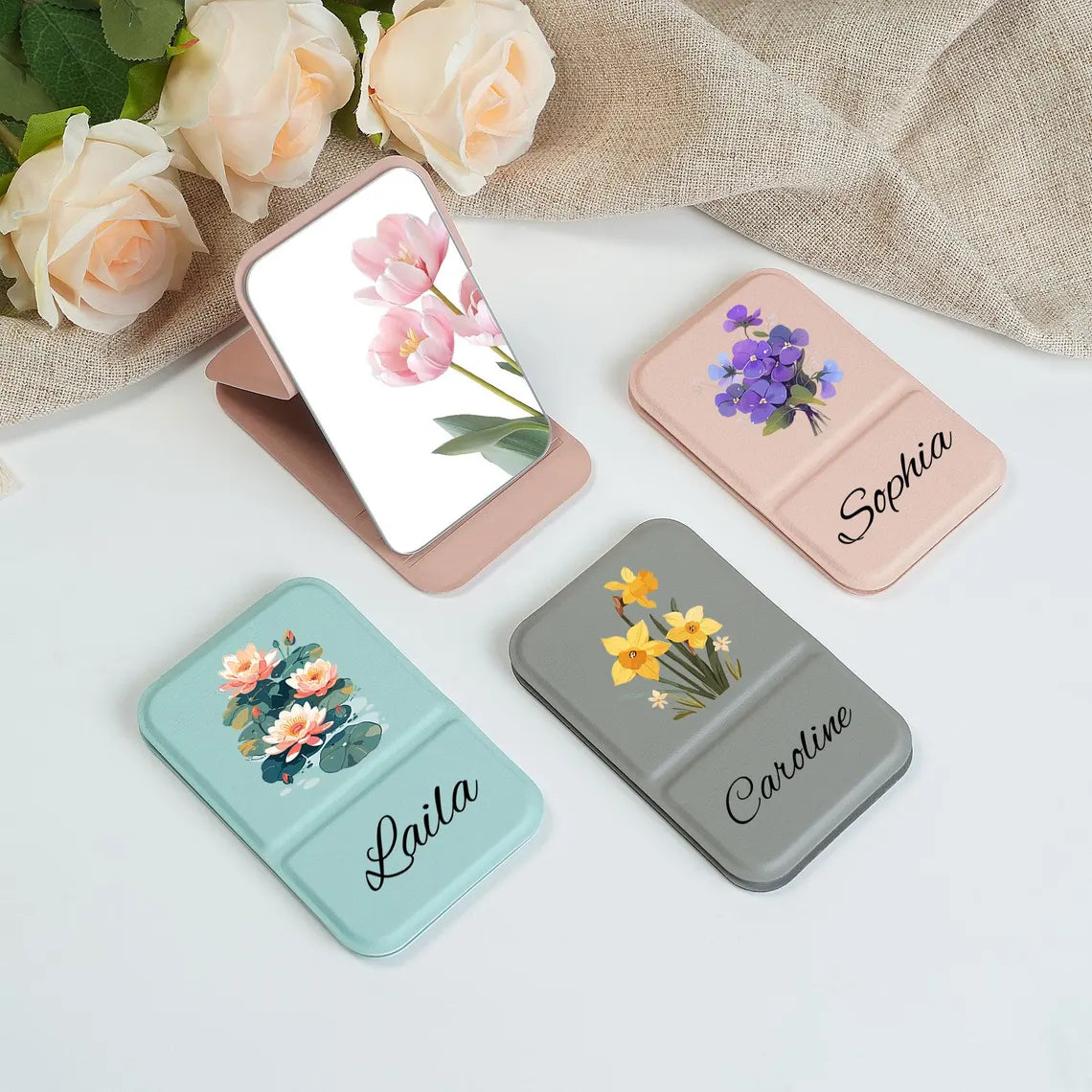 Birth Month Flower Compact Mirror – Personalized Gift for Her