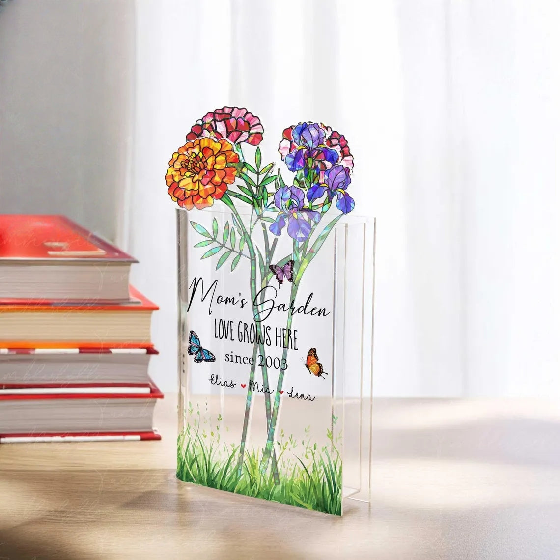 Custom Acrylic Book Vase with Holographic Birth Flowers – Perfect Mother’s Day Gift