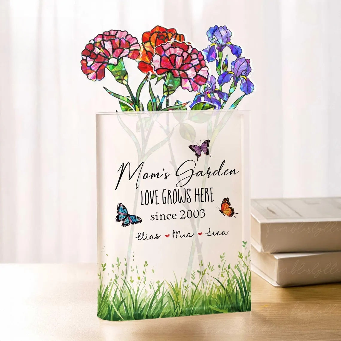 Custom Acrylic Book Vase with Holographic Birth Flowers – Perfect Mother’s Day Gift