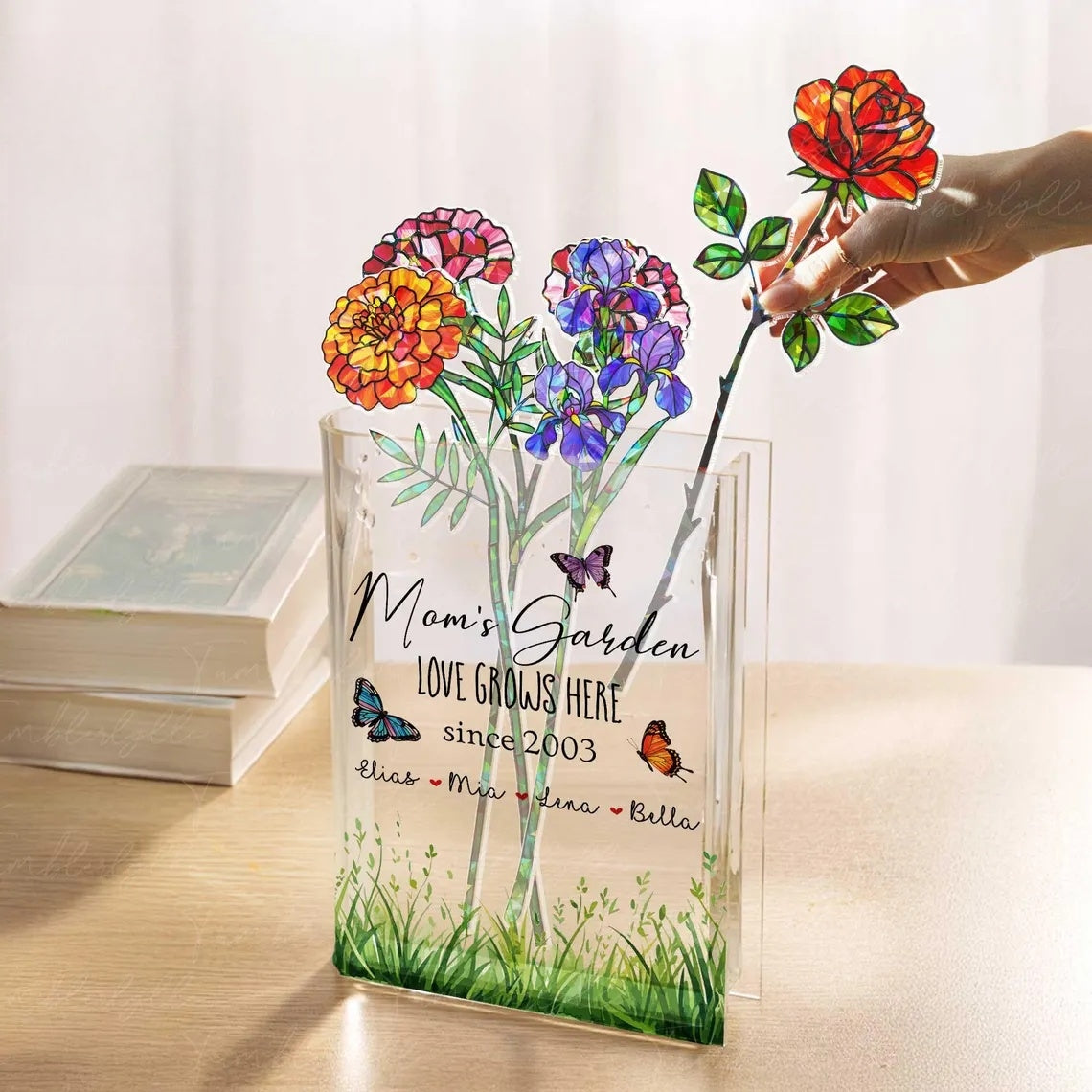 Custom Acrylic Book Vase with Holographic Birth Flowers – Perfect Mother’s Day Gift