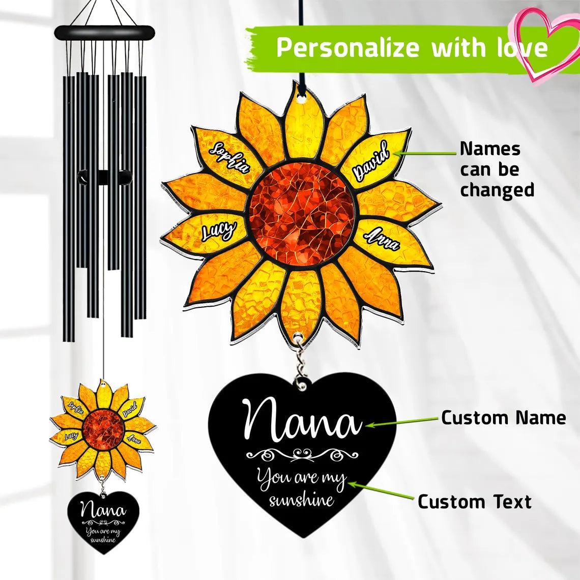 Personalized Nana Sunflower Wind Chime – Custom Grandma Gift