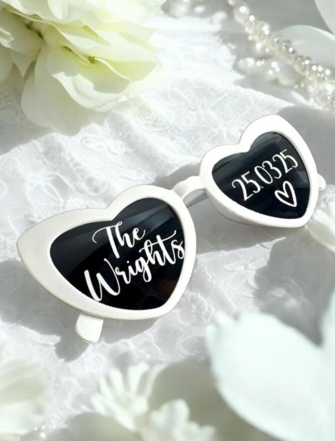 Personalised Wedding Sunglasses – Custom White Heart Favors