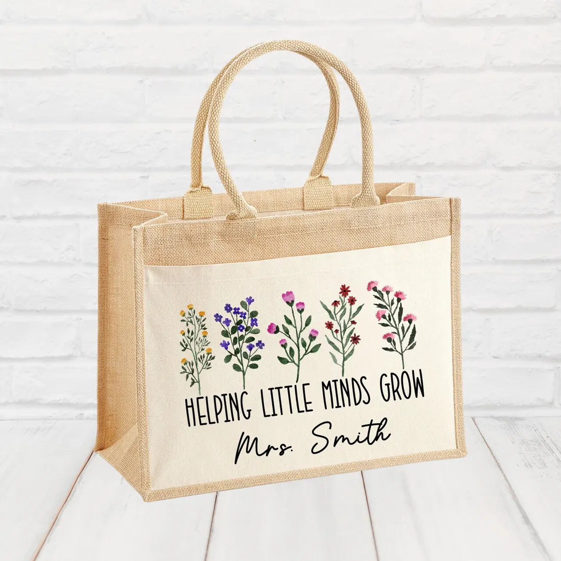 Personalized Teacher Jute Tote Bag – Custom Floral Appreciation Gift