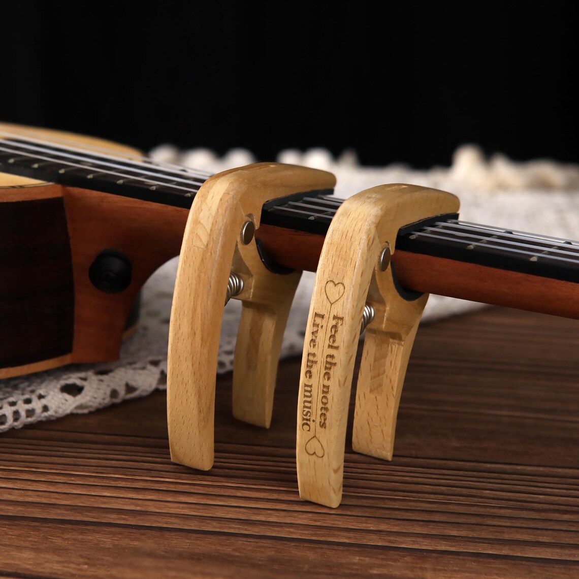 Custom Beechwood Guitar Capo & Pick Gift Set with Engraving