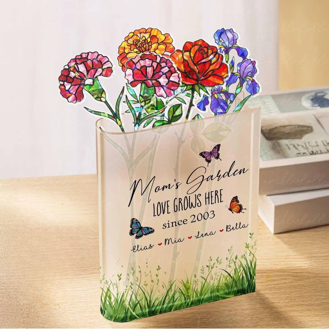 Custom Acrylic Book Vase with Holographic Birth Flowers – Perfect Mother’s Day Gift