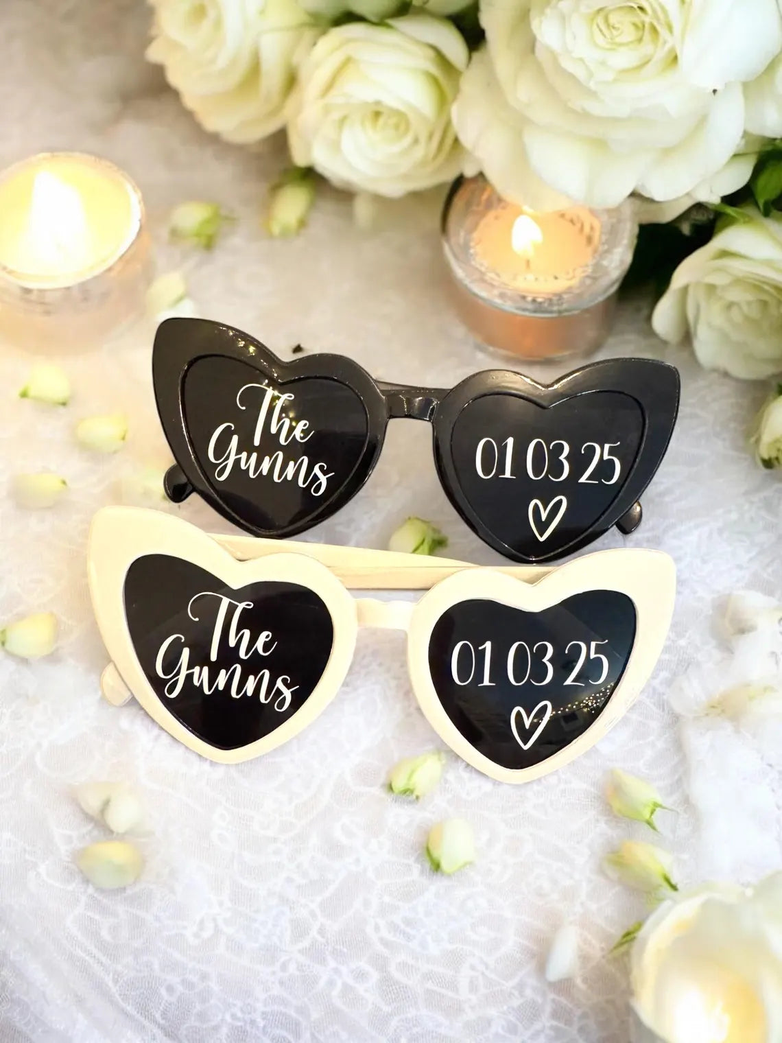 Personalised Wedding Sunglasses – Custom White Heart Favors