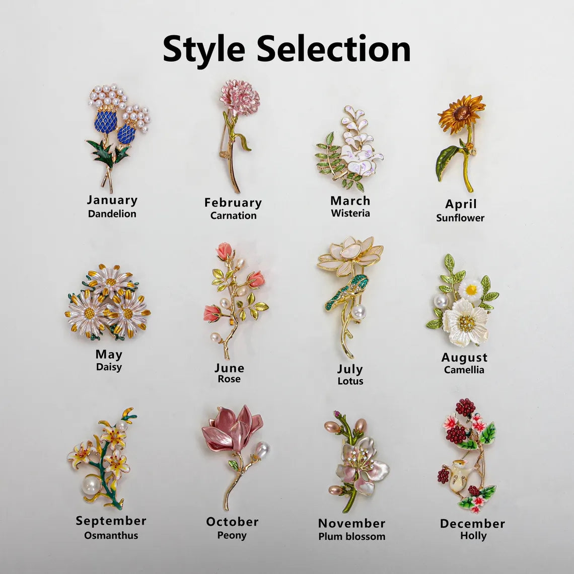 Birth Month Flower Brooch – 12 Unique Designs Gift for Her