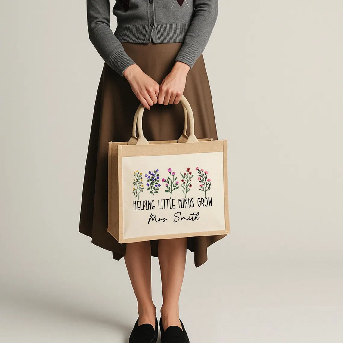 Personalized Teacher Jute Tote Bag – Custom Floral Appreciation Gift
