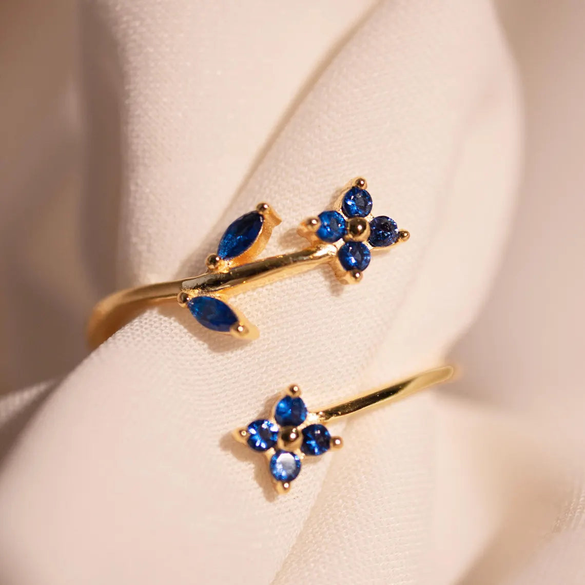 Something Blue Sapphire Flower Ring – Adjustable 925 Sterling Silver