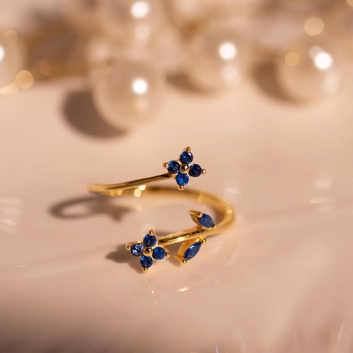 Something Blue Sapphire Flower Ring – Adjustable 925 Sterling Silver