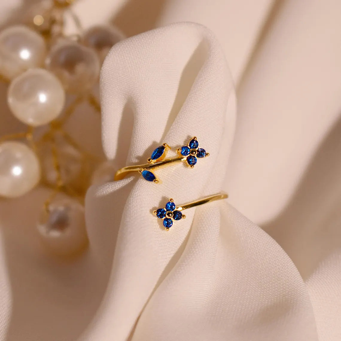 Something Blue Sapphire Flower Ring – Adjustable 925 Sterling Silver