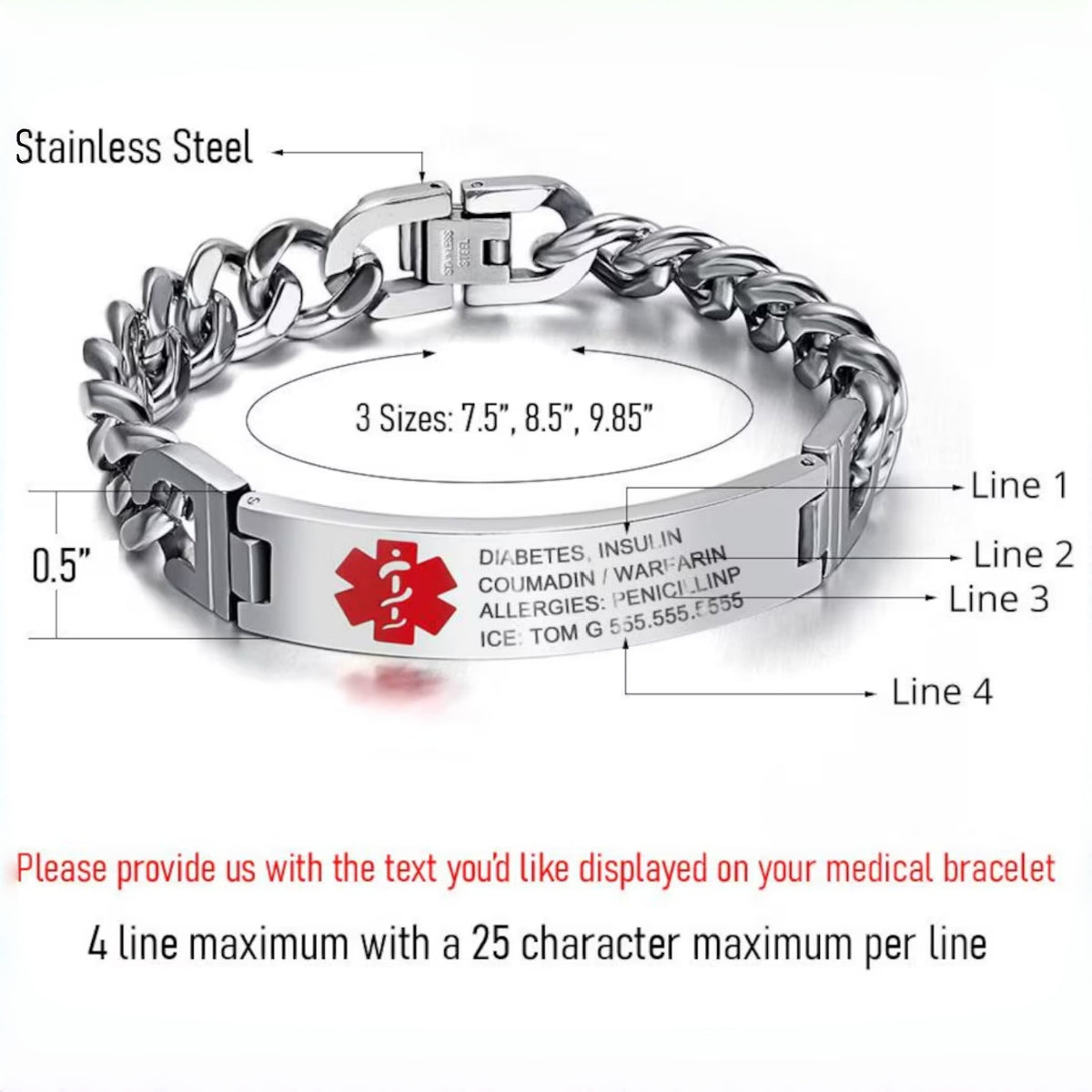 Personalized Stainless Steel Medical Alert Bracelet | Custom Engraved ID