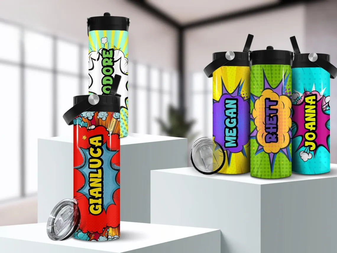 Personalized Comic Book Hero Kids Water Bottle with Straw
