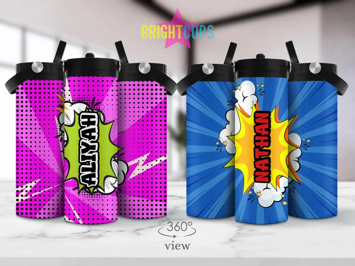 Personalized Comic Book Hero Kids Water Bottle with Straw