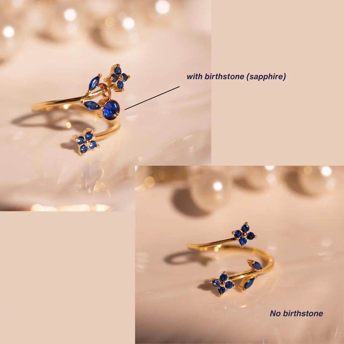 Something Blue Sapphire Flower Ring – Adjustable 925 Sterling Silver