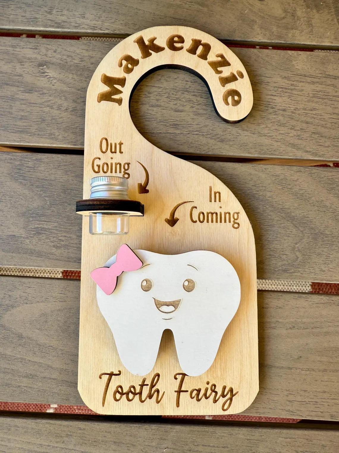 Personalized Tooth Fairy Door Hanger – Custom Name Tooth Holder with Jar