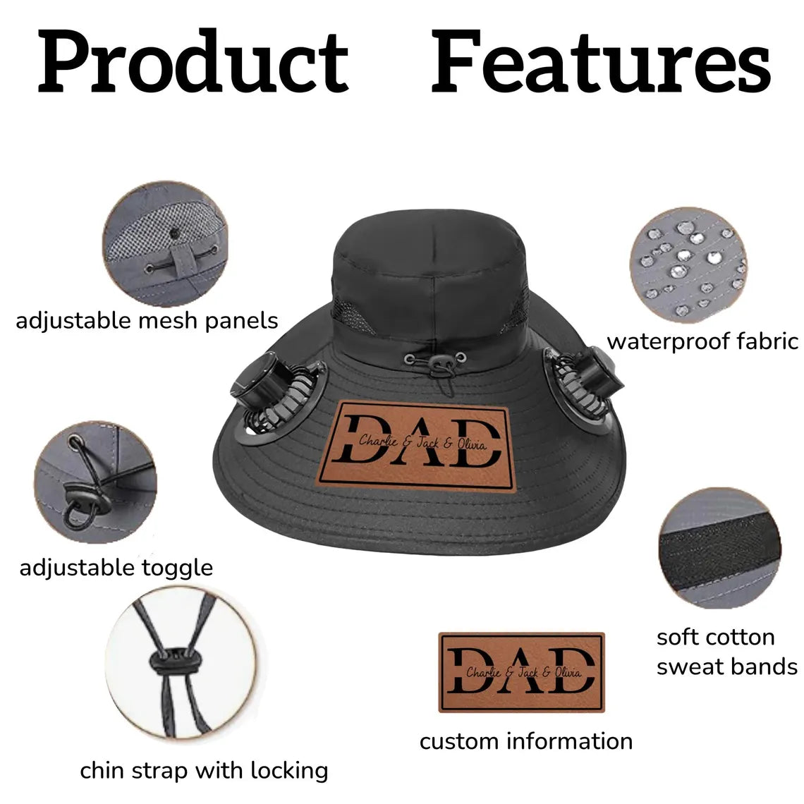 Personalized Dad Stamp Hat with Solar Fan – Outdoor Gift for Men