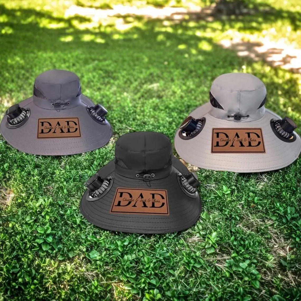 Personalized Dad Stamp Hat with Solar Fan – Outdoor Gift for Men