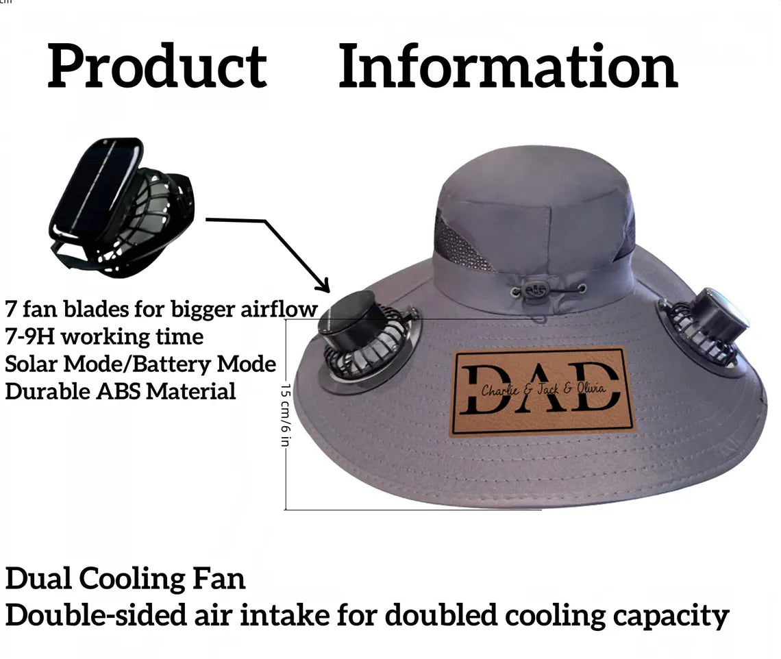 Personalized Dad Stamp Hat with Solar Fan – Outdoor Gift for Men