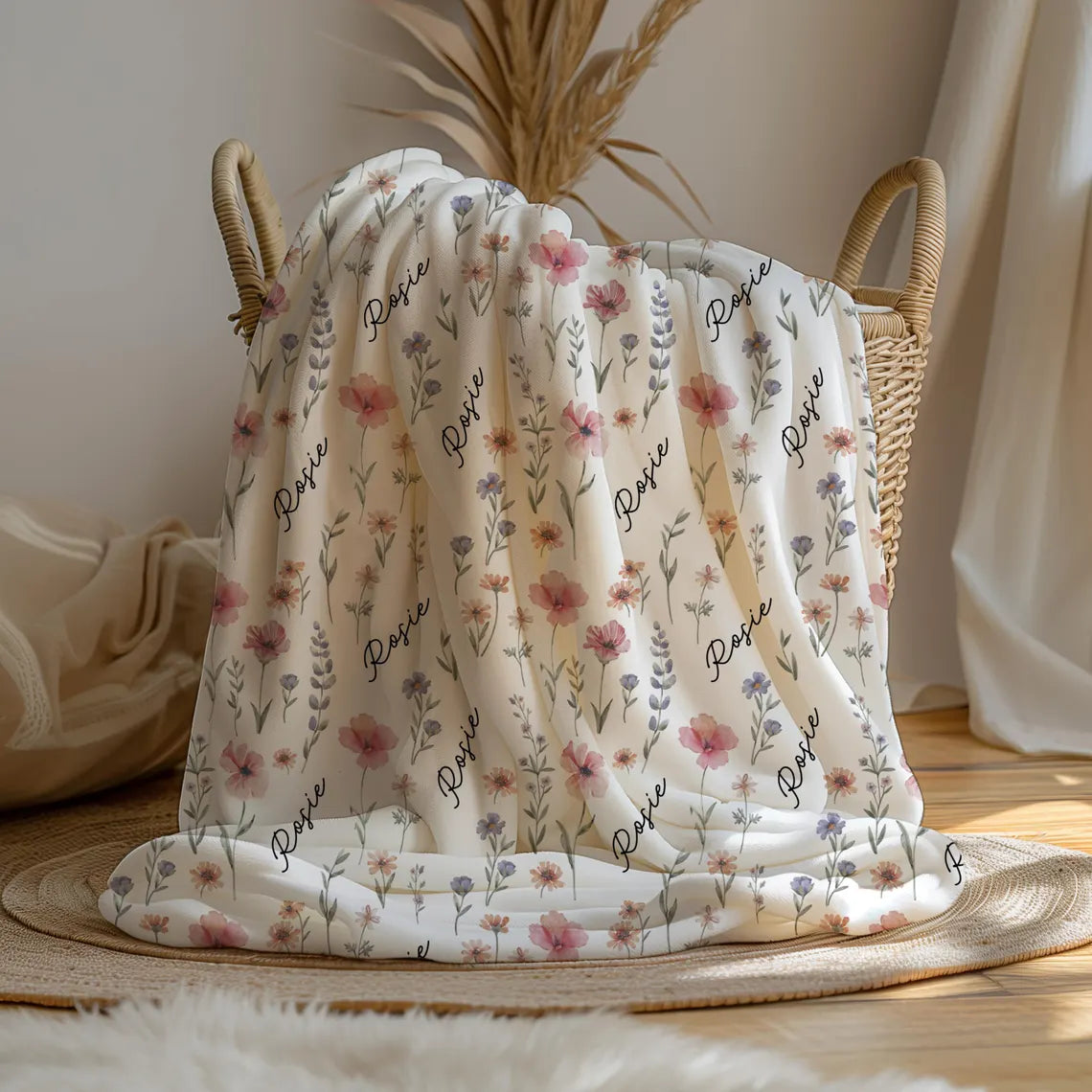 Personalized Wildflower Blanket – Custom Name Swaddle Gift