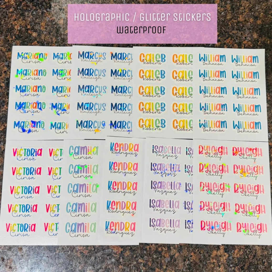 Custom Name Stickers – Waterproof Holographic School Labels 2 Sheets