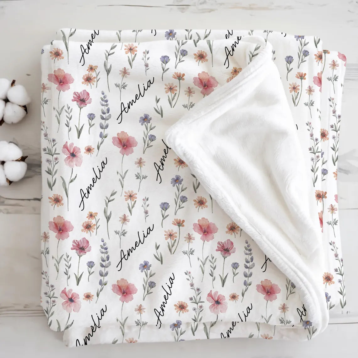 Personalized Wildflower Blanket – Custom Name Swaddle Gift