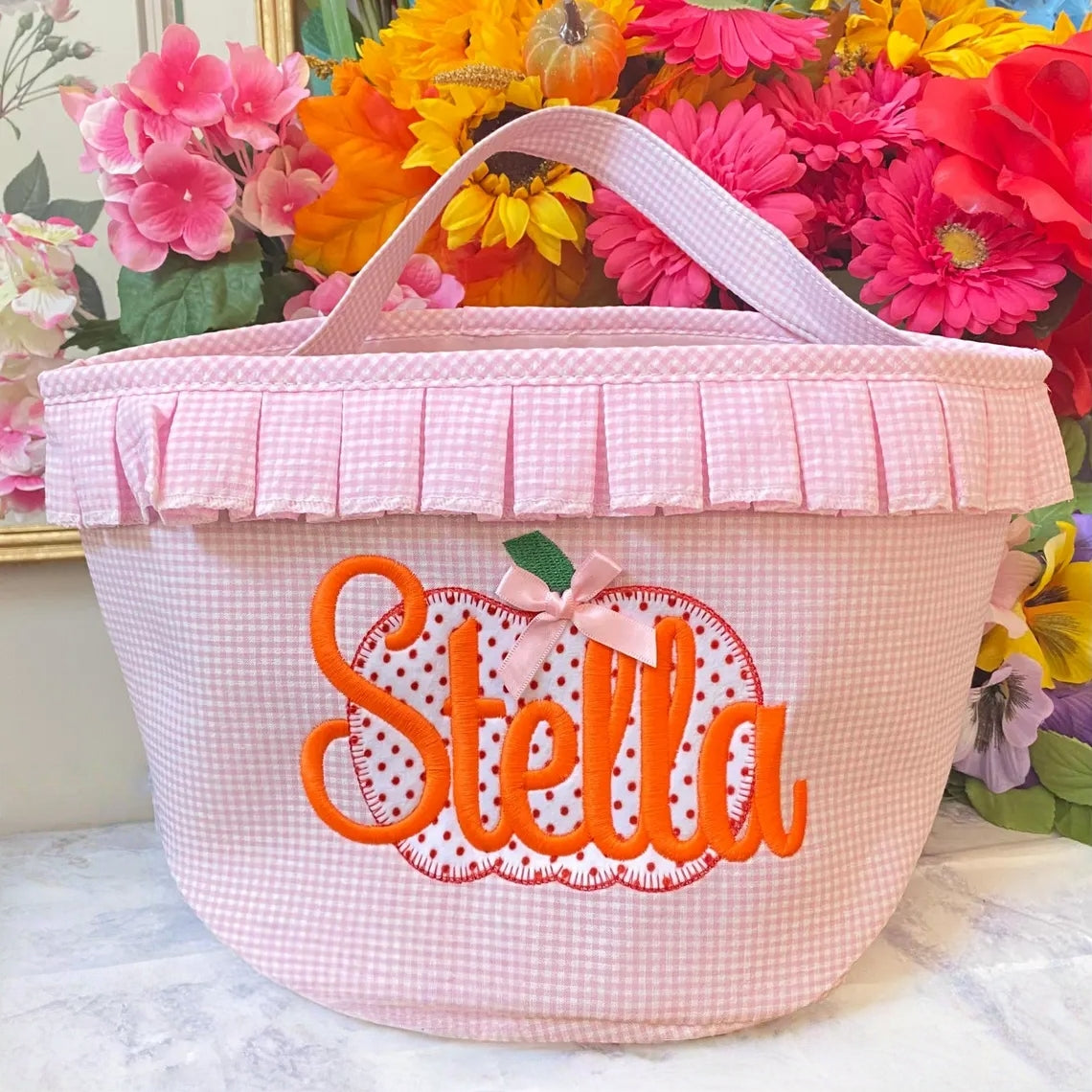 Personalized Halloween Bucket – Pink or Blue Gingham Trick-or-Treat