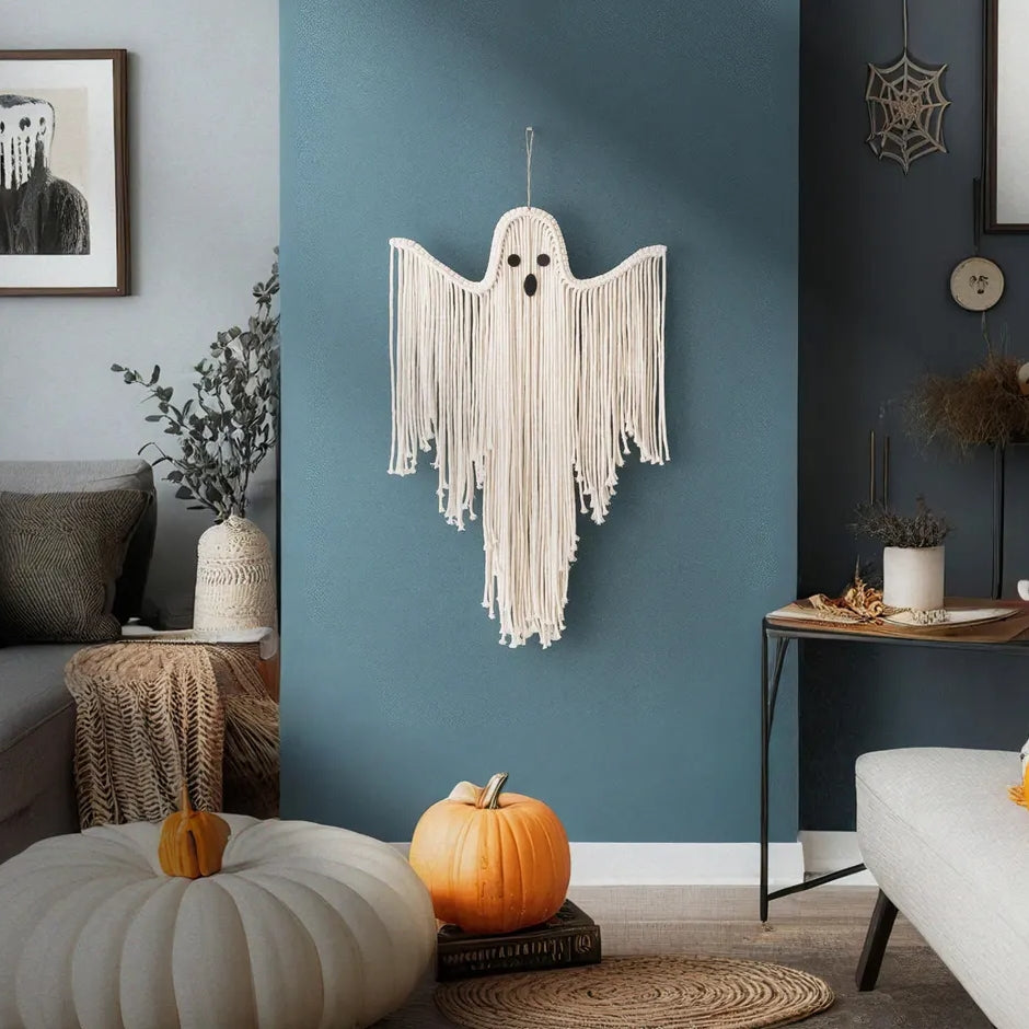 Halloween Macrame Ghost – Handmade Spooky Wall Hanging Gothic Decor