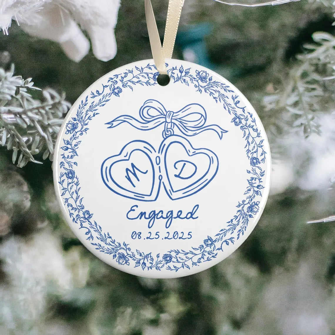 Chinoiserie Ceramic Engagement Ornament – Blue Toile Newlywed Gift