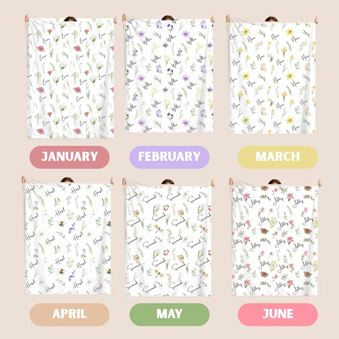 Custom Birth Flower Name Blanket – Personalized Baby Girl Keepsake