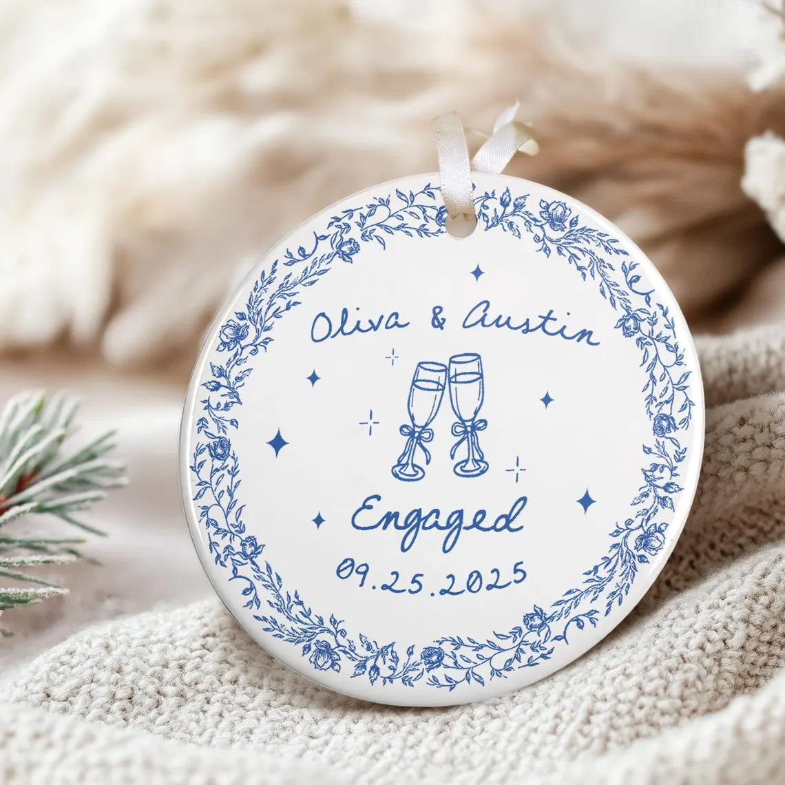 Chinoiserie Ceramic Engagement Ornament – Blue Toile Newlywed Gift