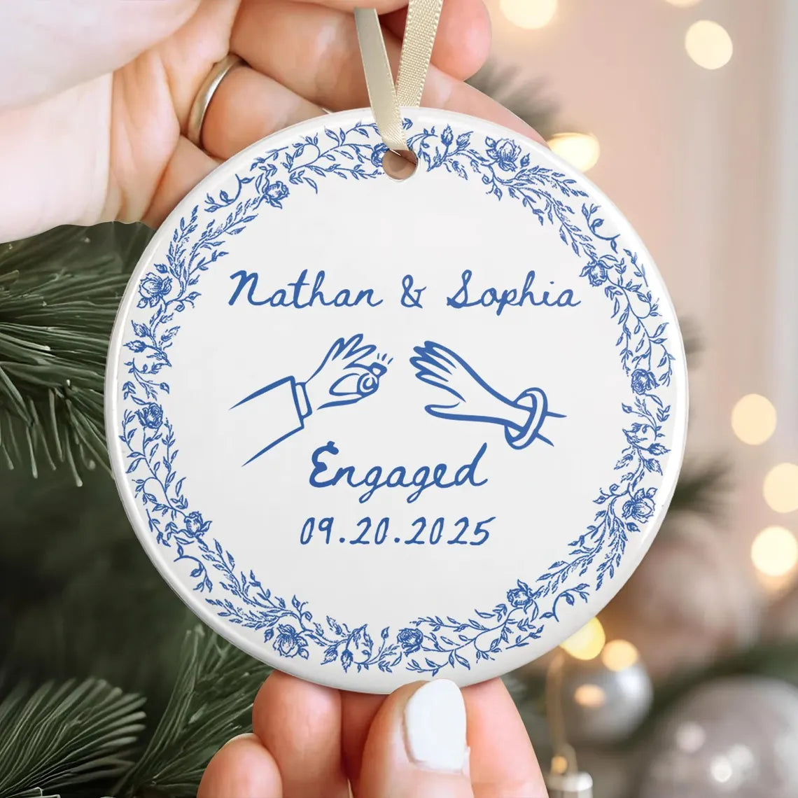 Chinoiserie Ceramic Engagement Ornament – Blue Toile Newlywed Gift