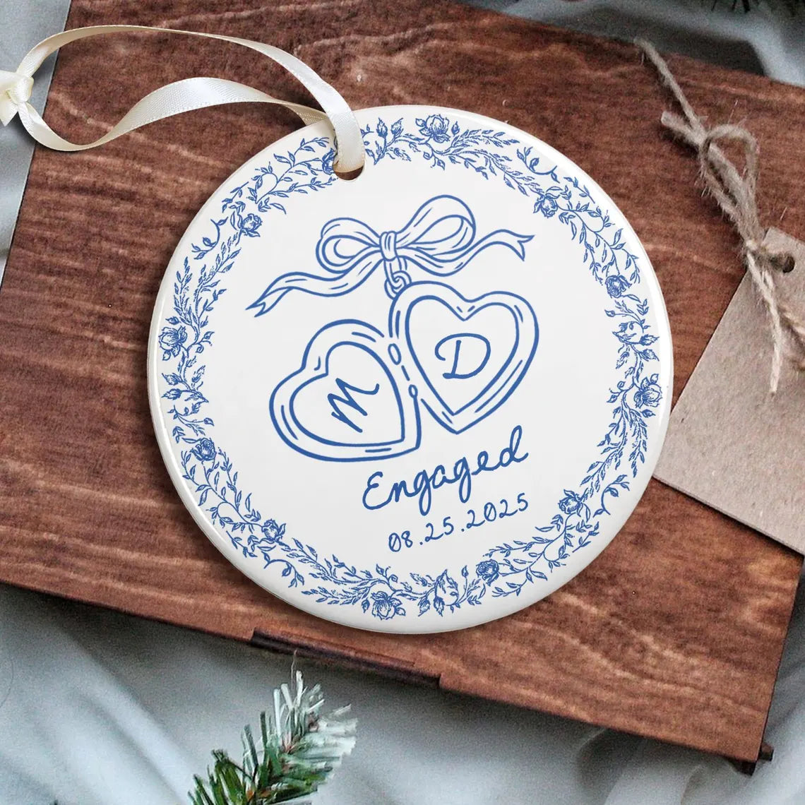 Chinoiserie Ceramic Engagement Ornament – Blue Toile Newlywed Gift