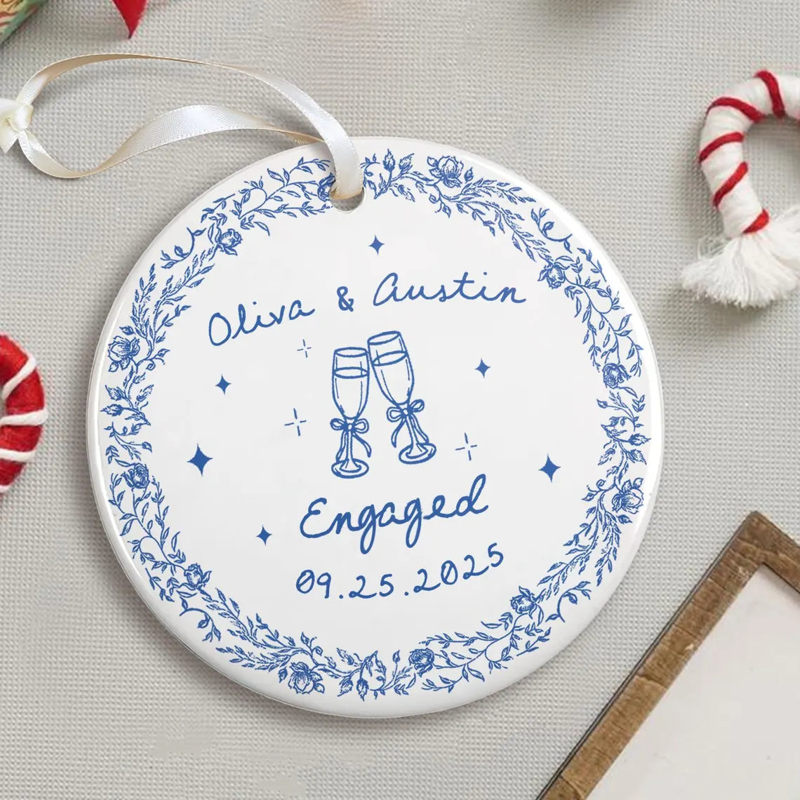 Chinoiserie Ceramic Engagement Ornament – Blue Toile Newlywed Gift