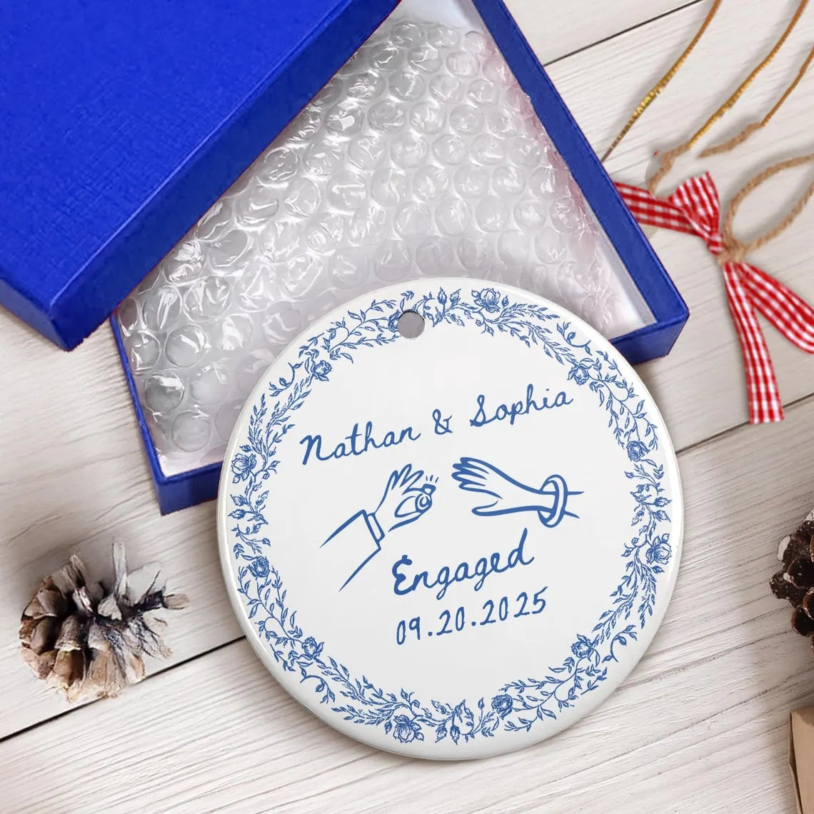 Chinoiserie Ceramic Engagement Ornament – Blue Toile Newlywed Gift