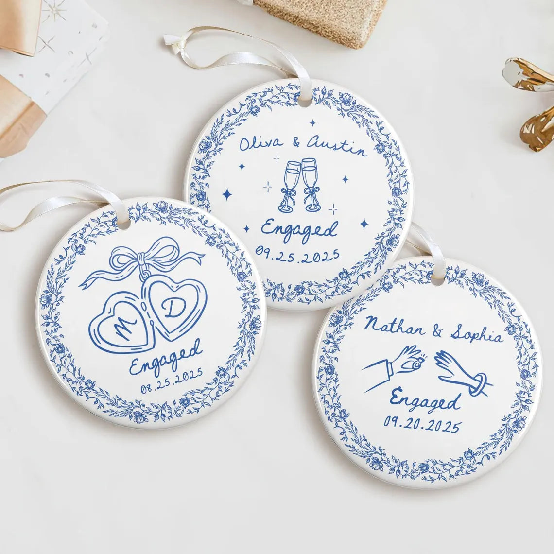 Chinoiserie Ceramic Engagement Ornament – Blue Toile Newlywed Gift