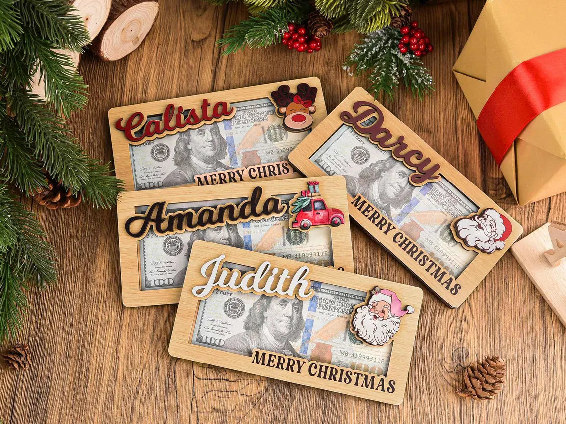 Custom Christmas Money Holder – Personalized Wooden Santa & Reindeer Gift Card Holder